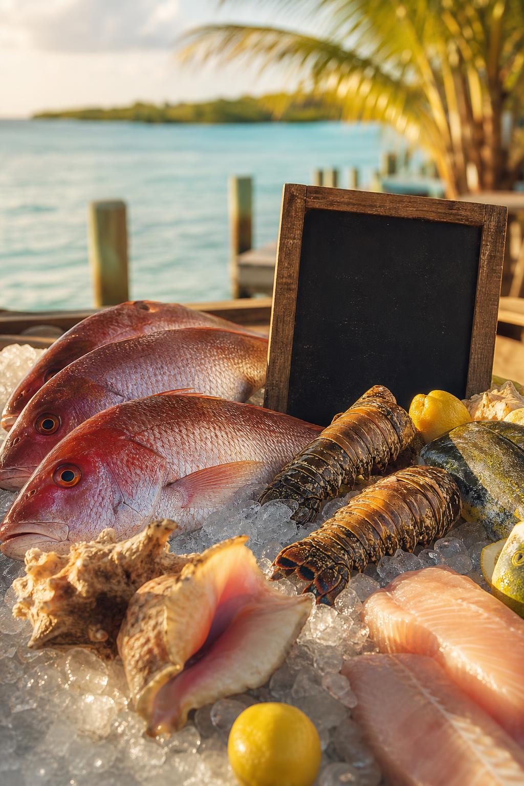 Fresh Bahamian lobster, snapper, grouper and conch on ice by the ocean in Nassau